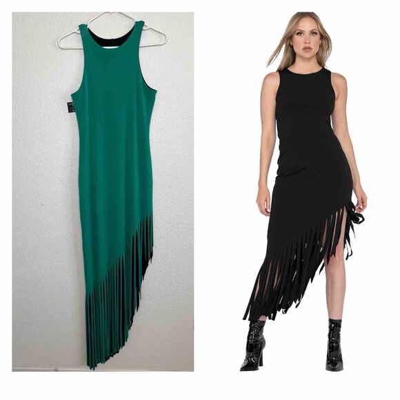Eva Varro Women's Asymmetric Fringe Dress Reversible Black Green Small New ac27 - Picture 1 of 11